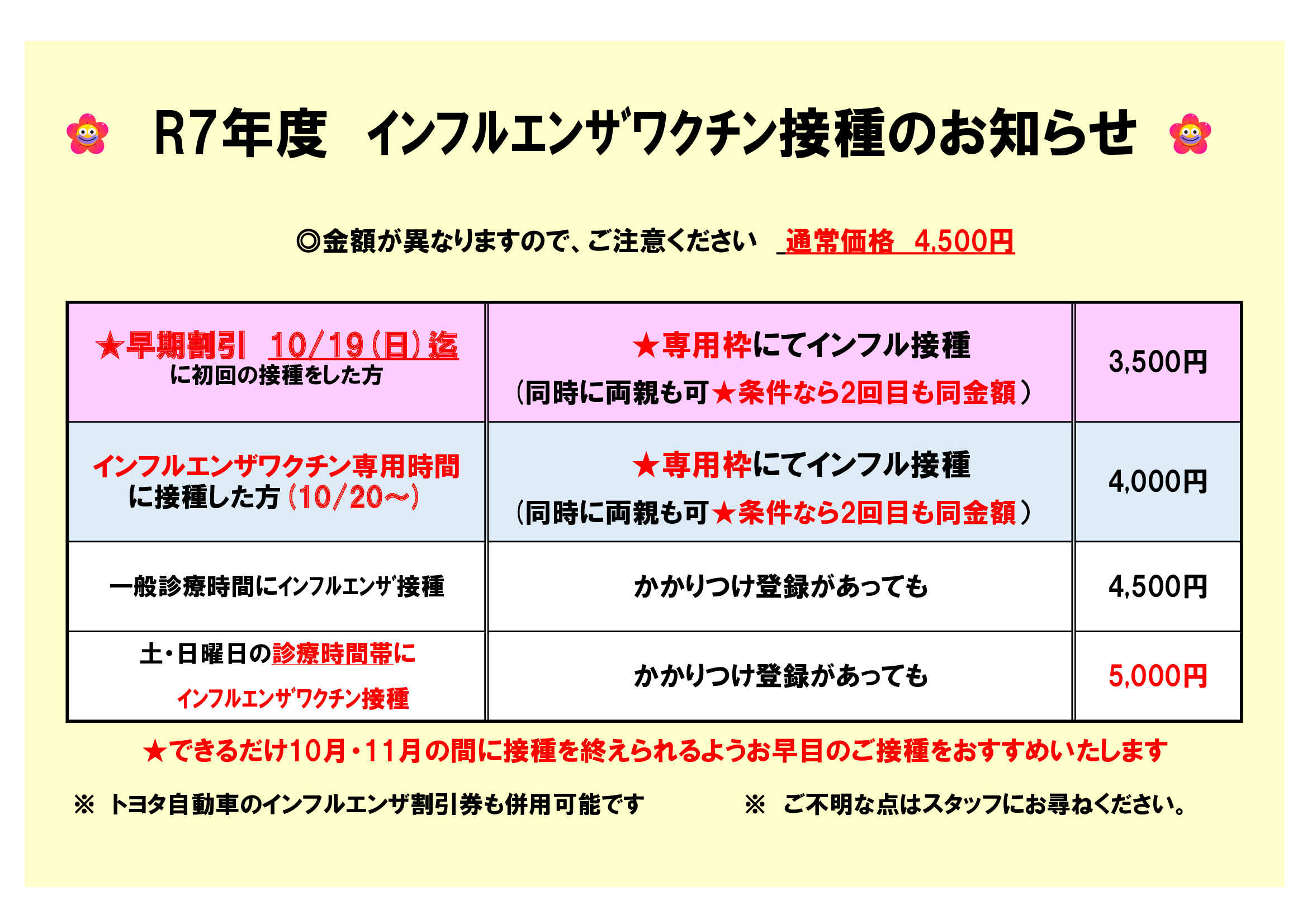 インフルエンザワクチン接種のお知らせ