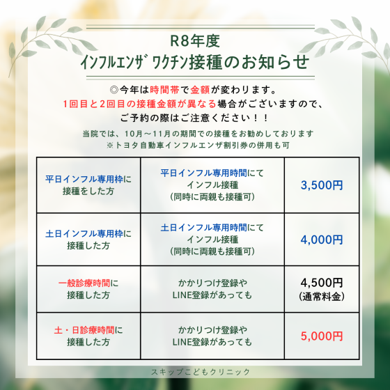 インフルエンザワクチン接種のお知らせ